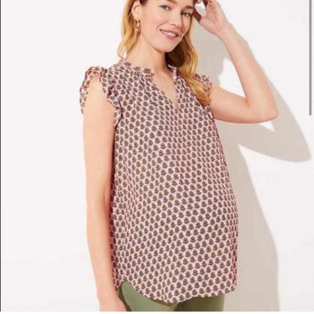LOFT Pink Printed Sleeveless Ruffle Maternity Blouse